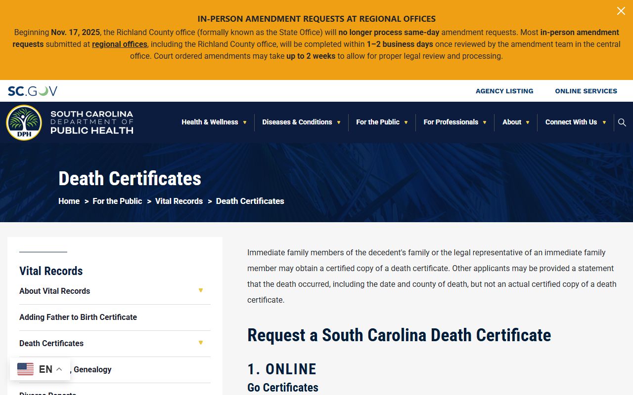South Carolina DPH death certificates page for death records