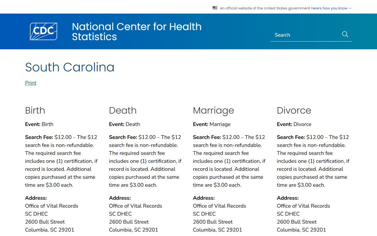 CDC Where to Write guide for South Carolina death records
