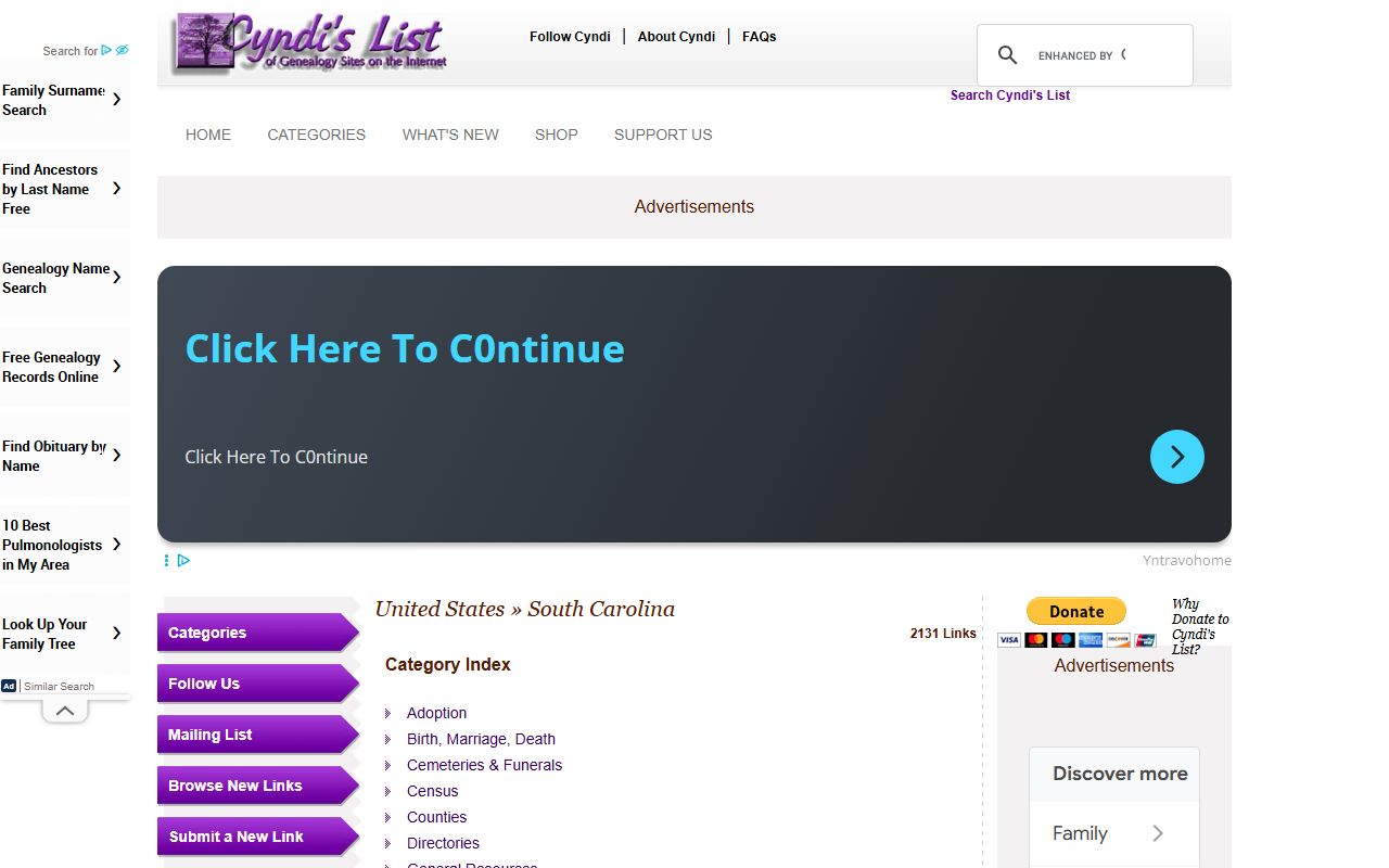 Cyndi's List South Carolina resources for death records research