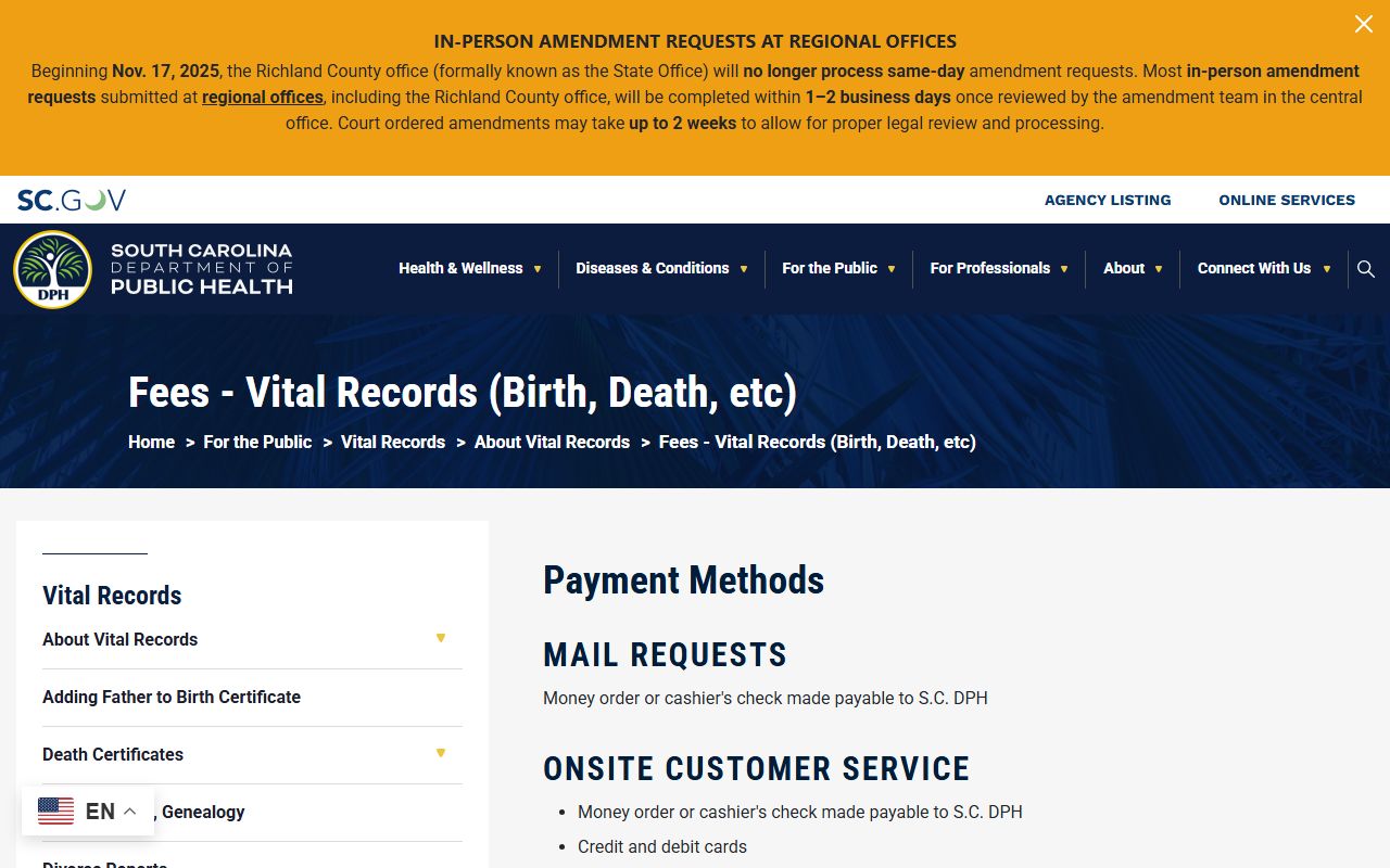 South Carolina vital records fee schedule for death records