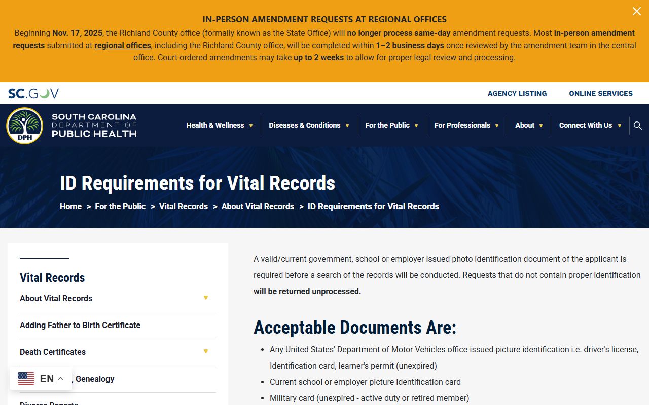 South Carolina DPH ID requirements for death records requests