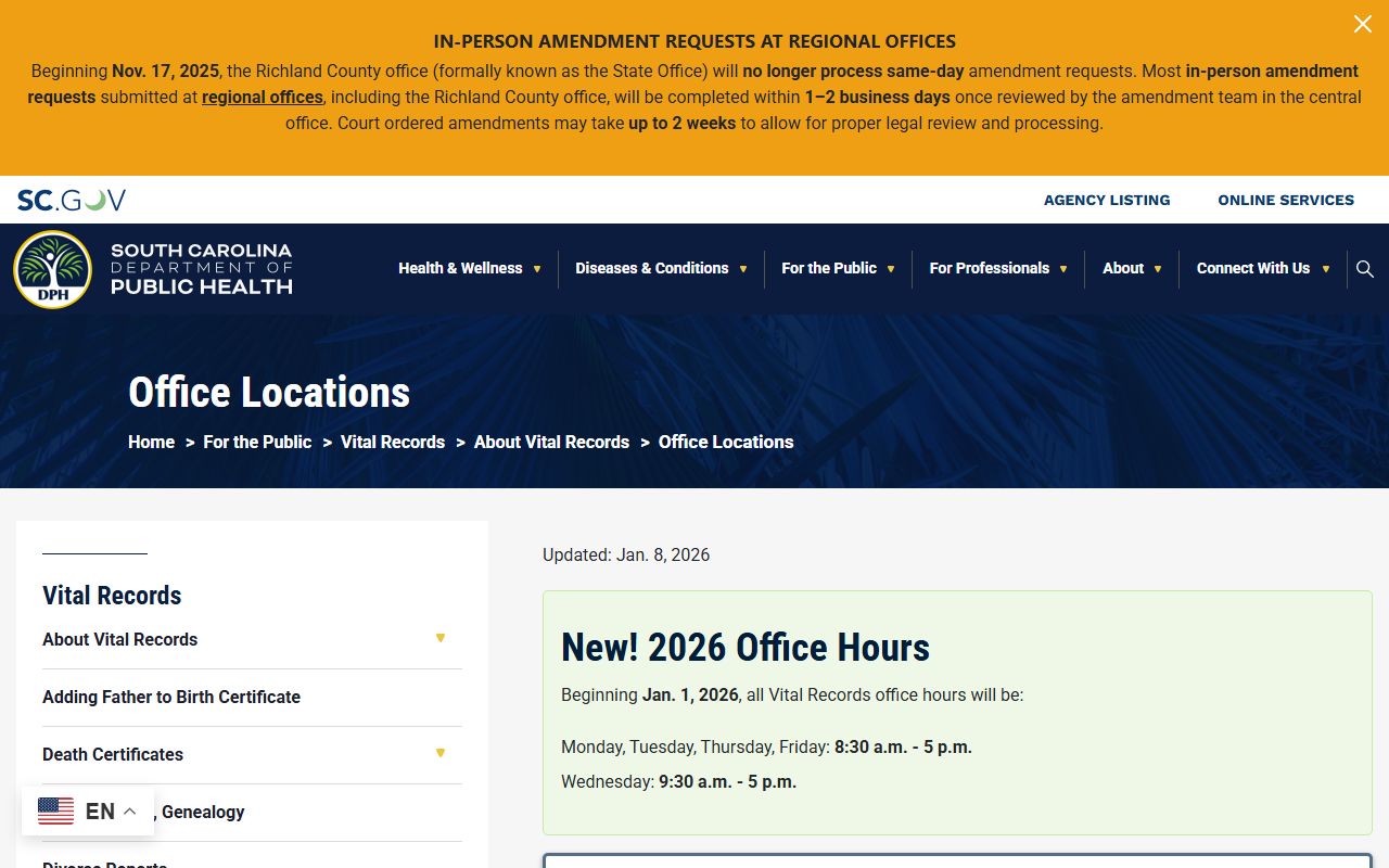 South Carolina DPH regional office locations for death records