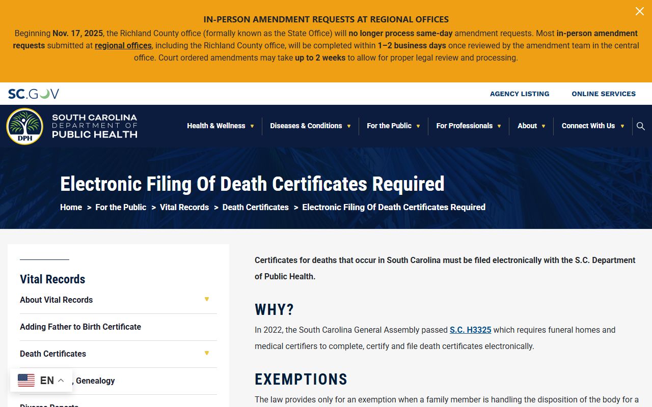 South Carolina electronic filing requirements for death records