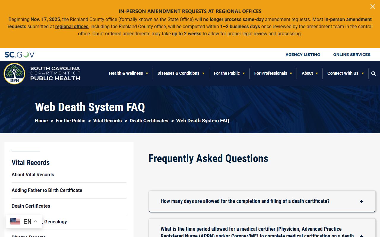 South Carolina Web Death System FAQ for death records filing