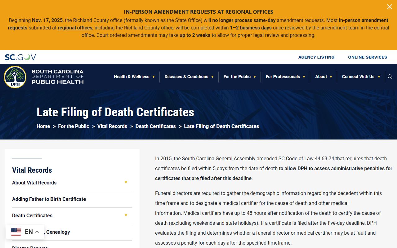 South Carolina late filing penalties for death records