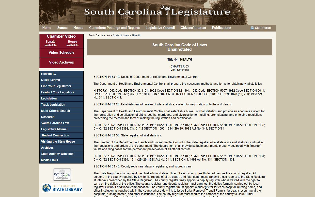 South Carolina Code of Laws for death records statutes