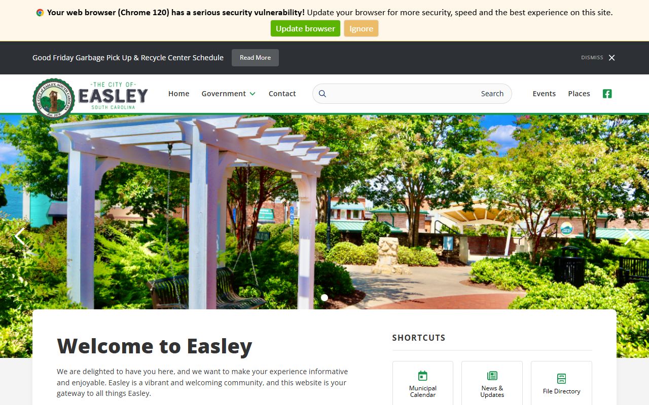 City of Easley official website for Easley South Carolina death records and city services