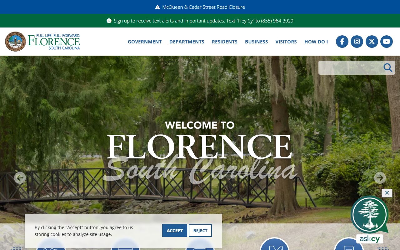City of Florence website showing municipal services related to Florence death records