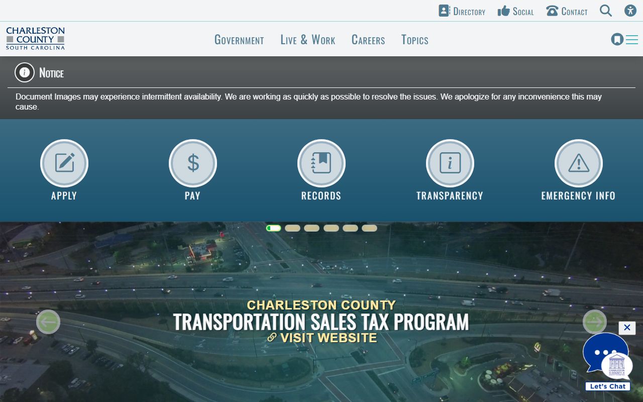 Charleston County government website showing county services including coroner office for Charleston death records