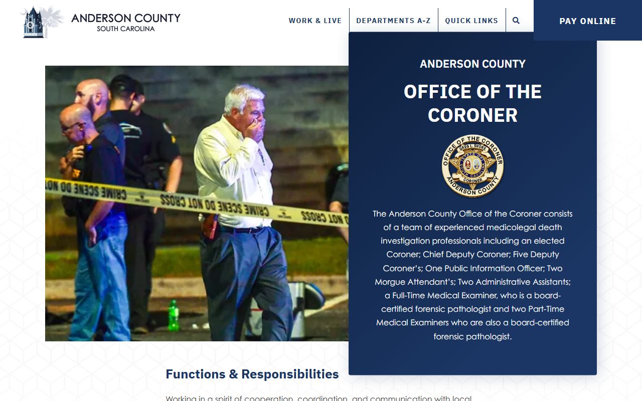 Anderson County Coroner department page related to Anderson County death records