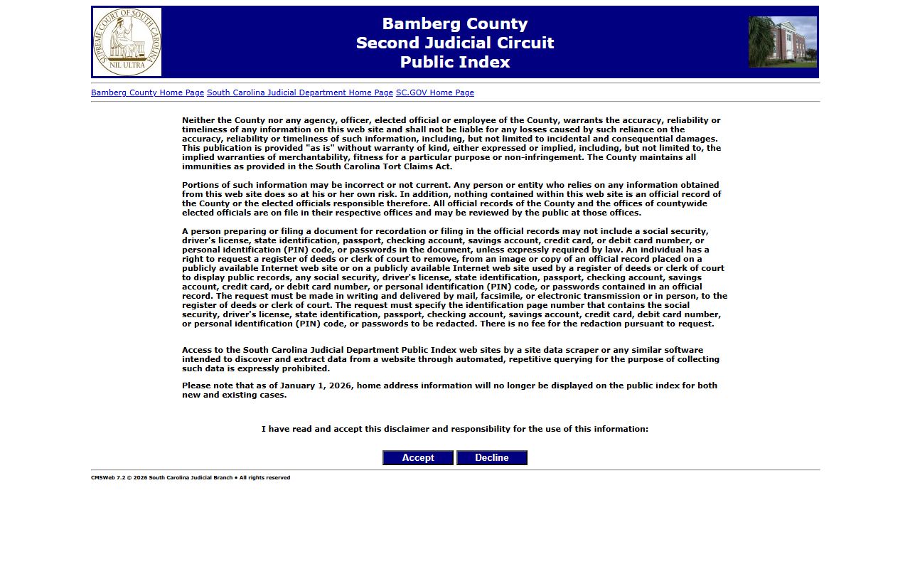 Bamberg County Public Index for searching Bamberg County death records online