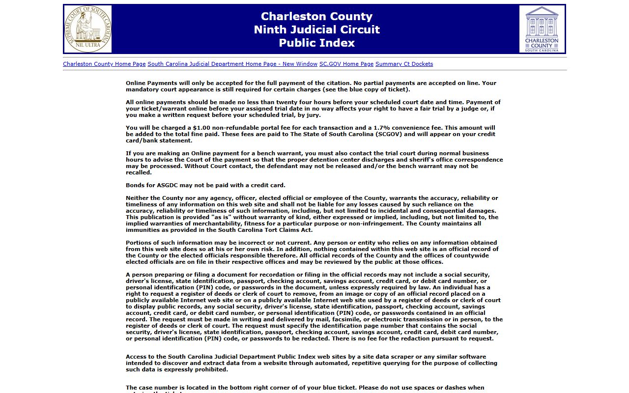 Charleston County Public Index search screen for locating Charleston County death records and probate filings