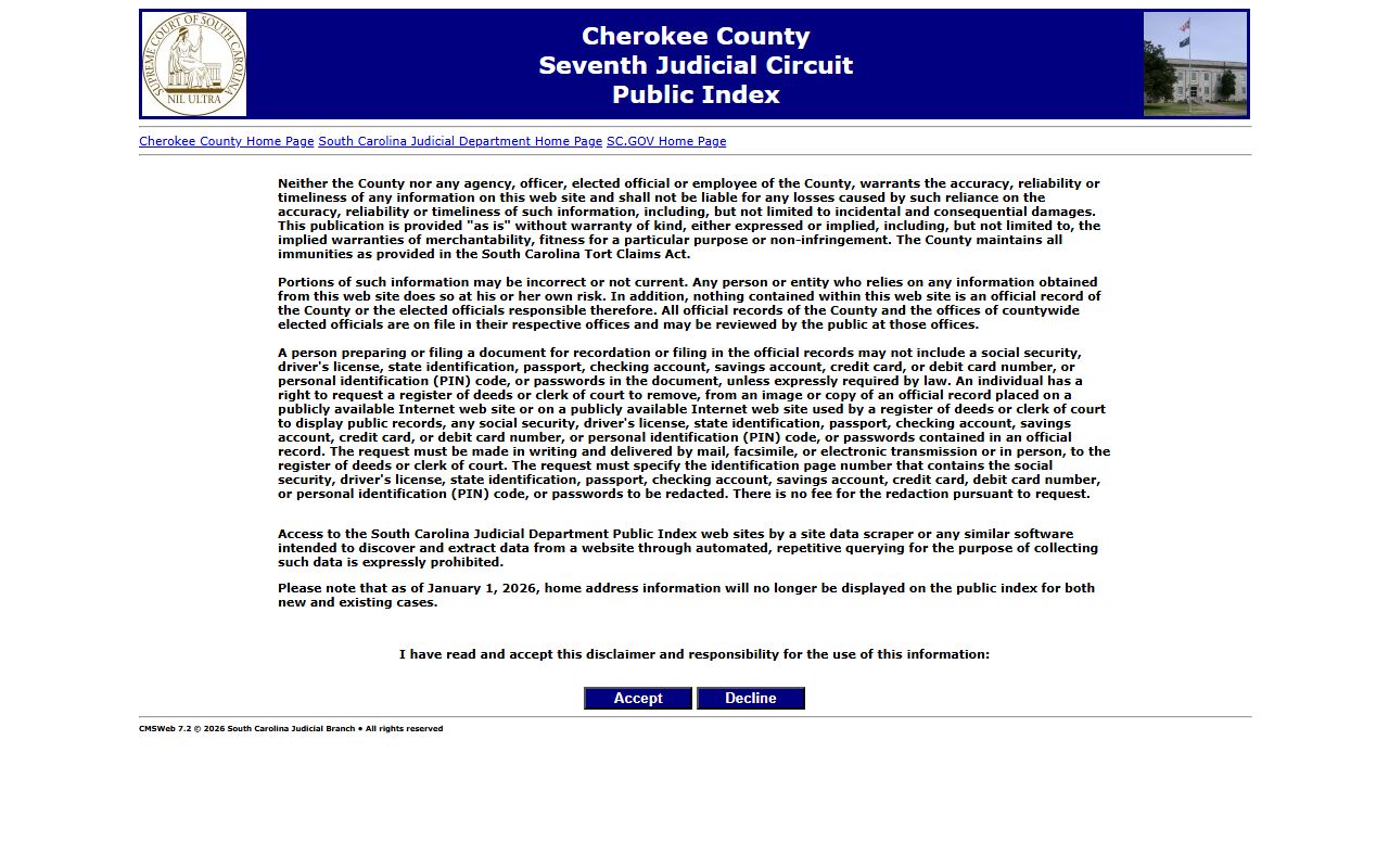 Cherokee County Public Index search page used to find court and probate records related to Cherokee County death records