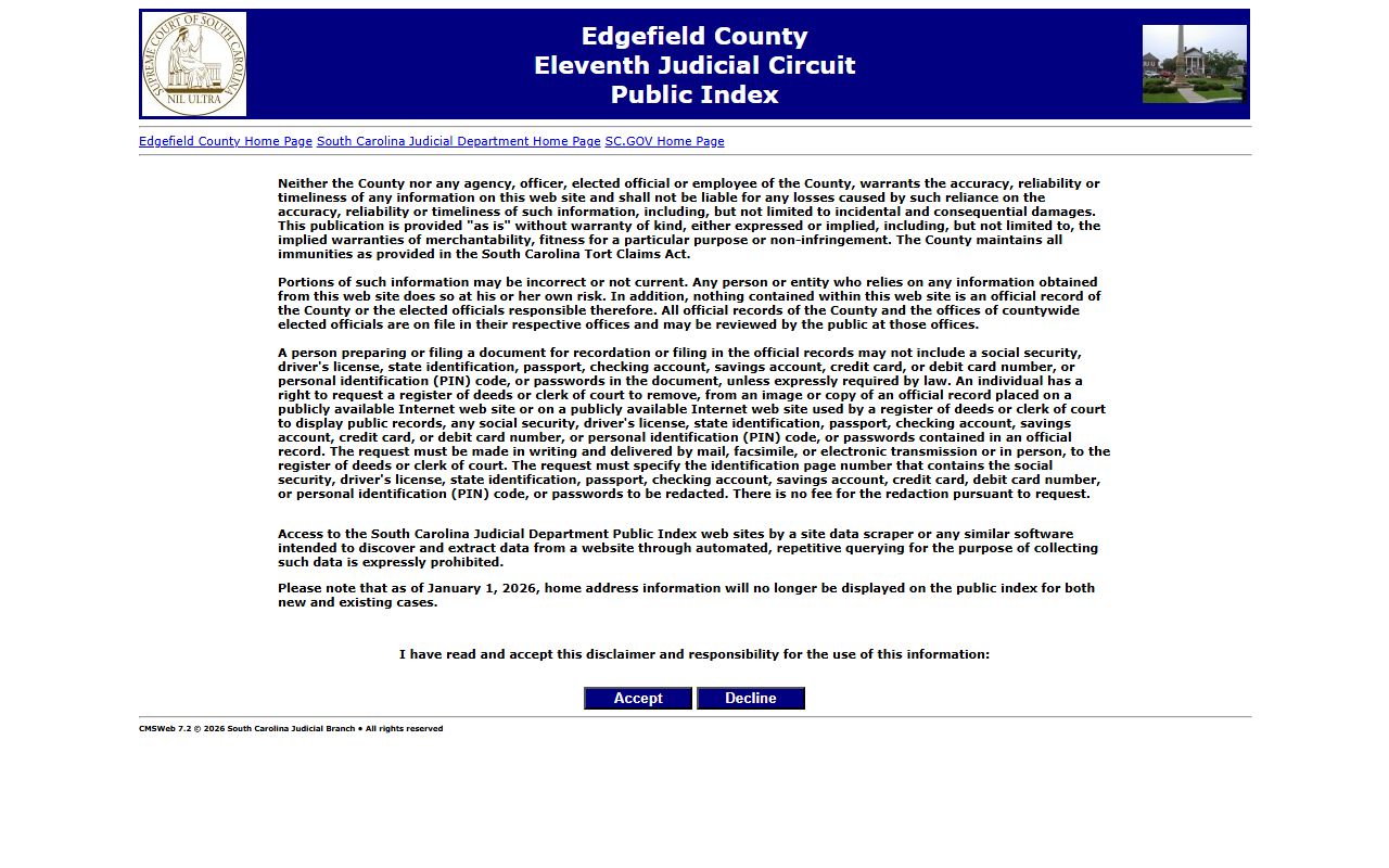 Edgefield County Public Index showing court records related to Edgefield County death records