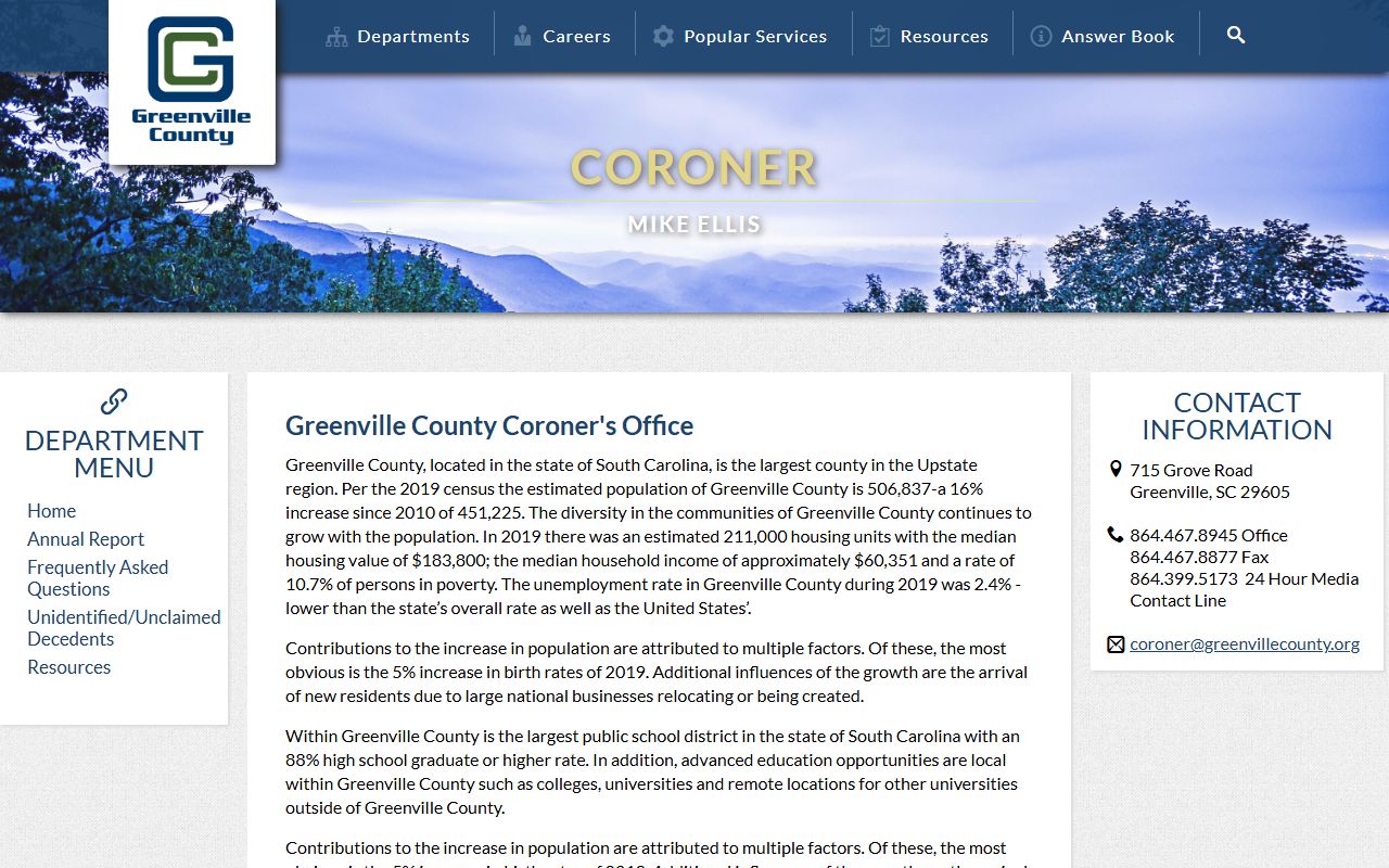 Greenville County Coroner office handling Greenville County death records and investigations