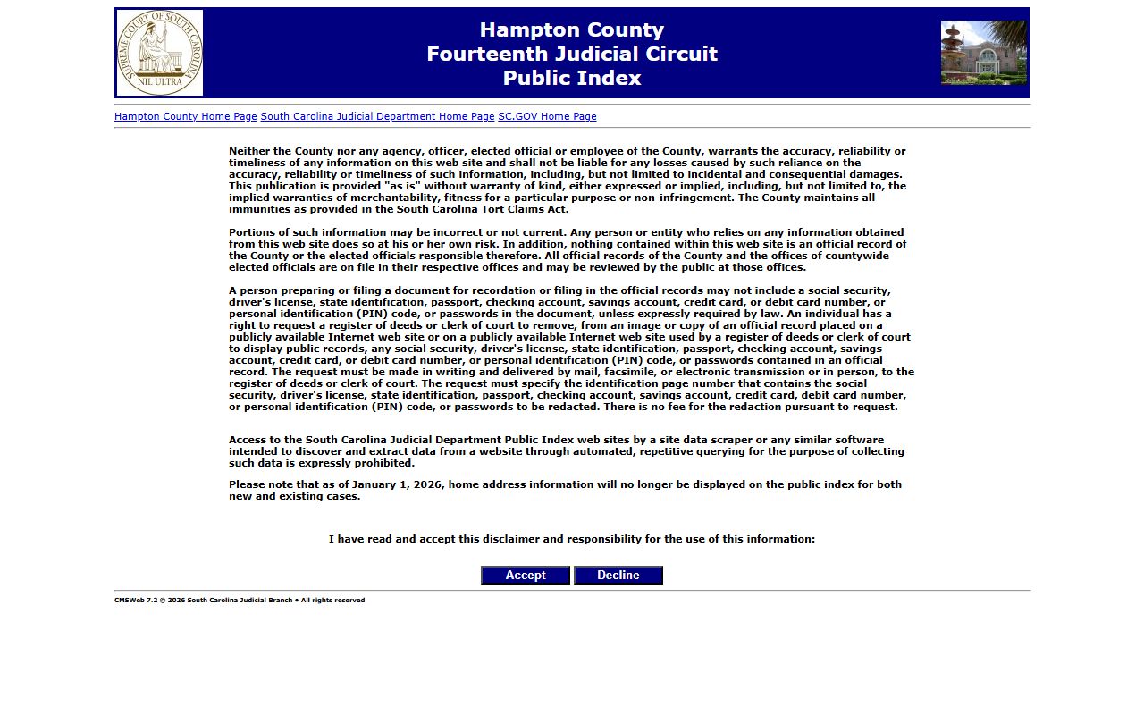 Hampton County Public Index search interface for Hampton County death records and probate filings
