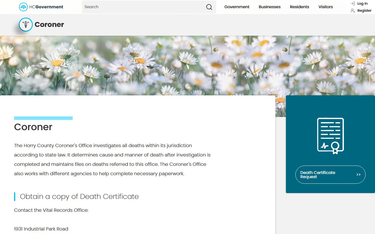 Horry County Coroner office page showing department contact details for Horry County death records