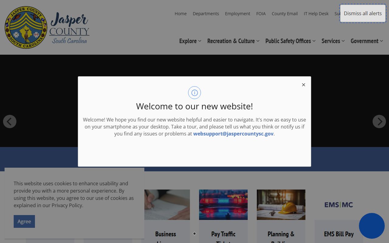 Jasper County South Carolina government website homepage with department links for Jasper County death records research