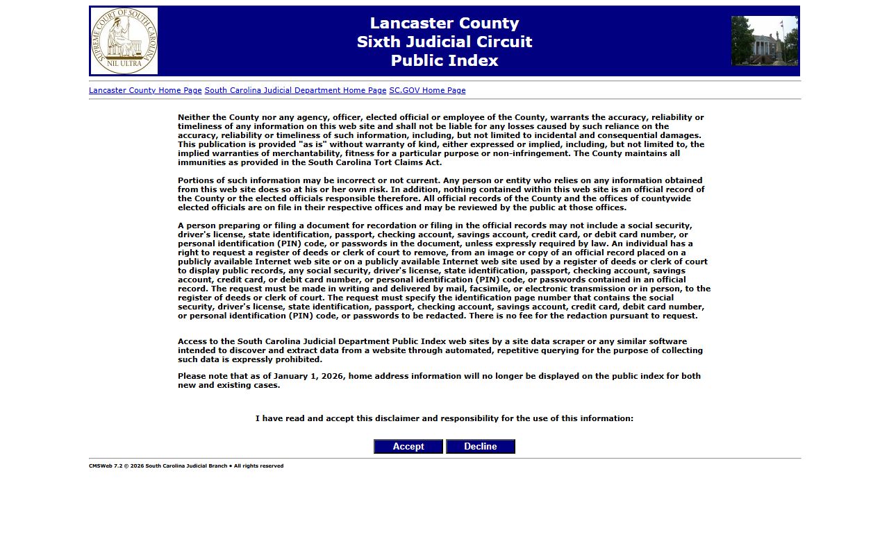 Lancaster County Public Index search screen for locating Lancaster County death records and probate case filings