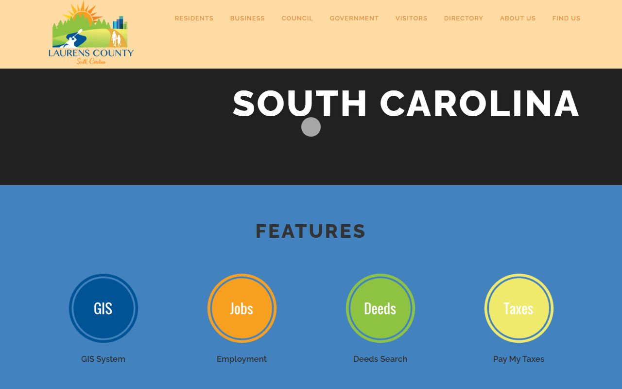 Laurens County South Carolina government website homepage showing department listings for Laurens County death records and vital records research