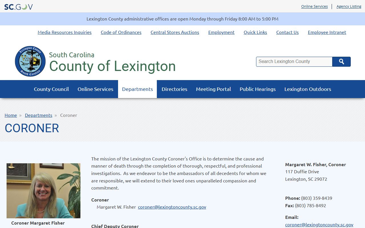 Lexington County Coroner department page showing office details relevant to Lexington County death records
