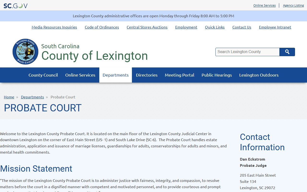 Lexington County Probate Court website showing records access and estate filing information for Lexington County death records research