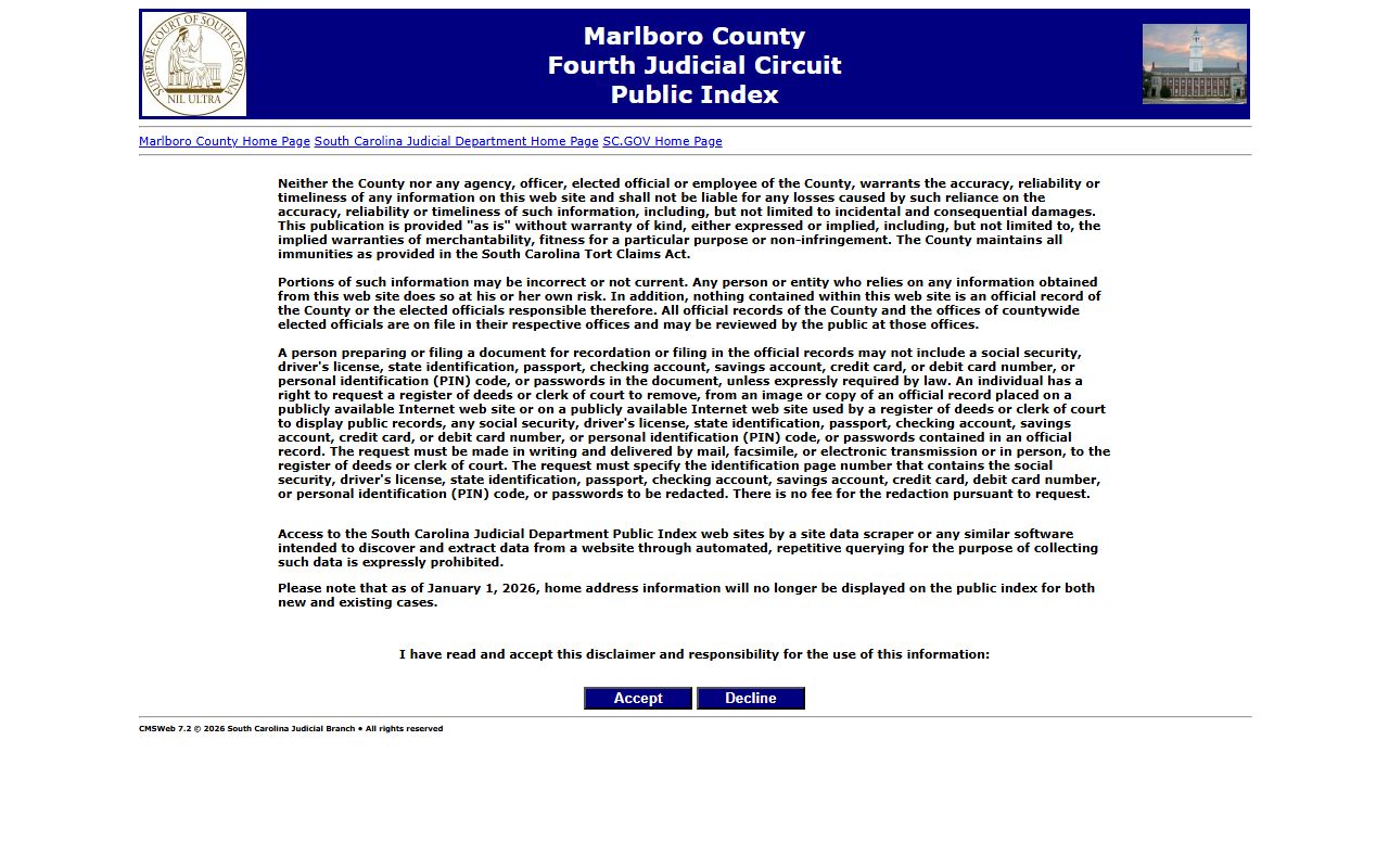 Marlboro County Public Index search screen for locating court and probate records related to Marlboro County death records