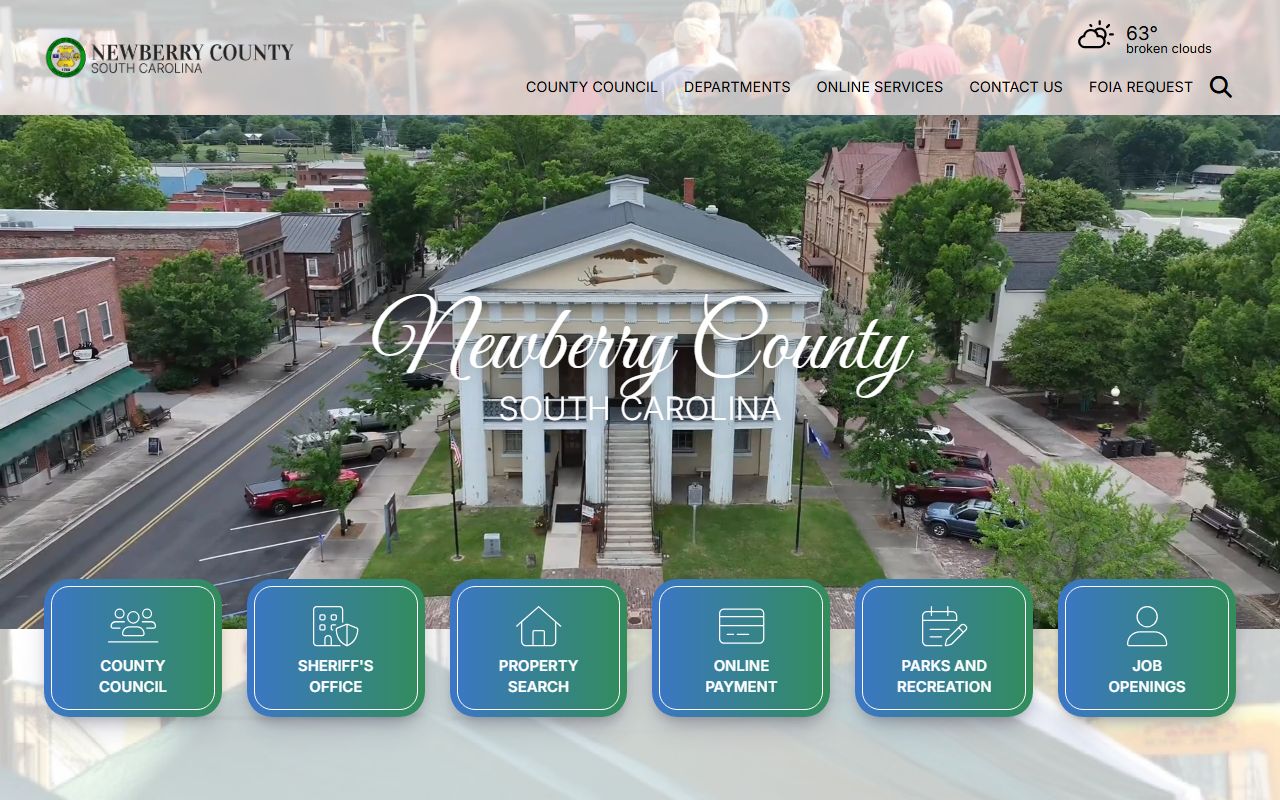 Newberry County government website showing department contacts and resources for Newberry County death records and probate research