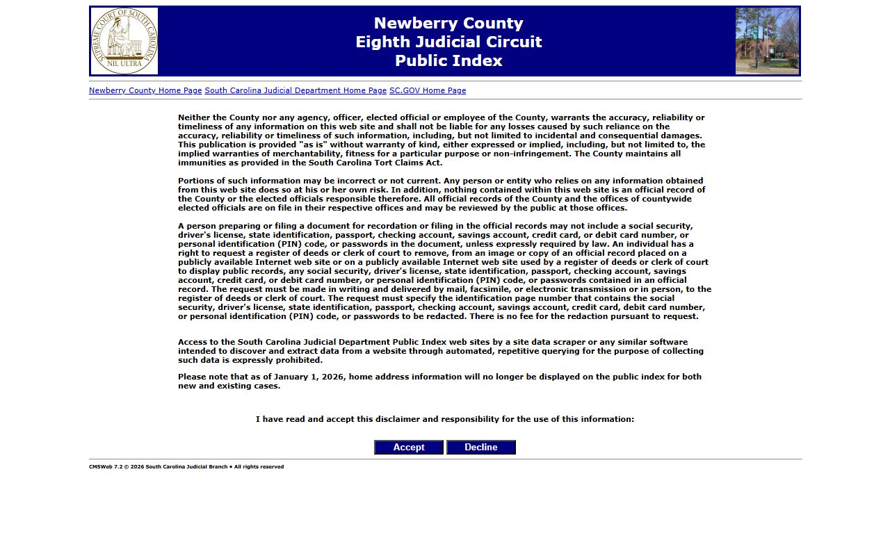 Newberry County Public Index search screen for locating court and probate records connected to Newberry County death records