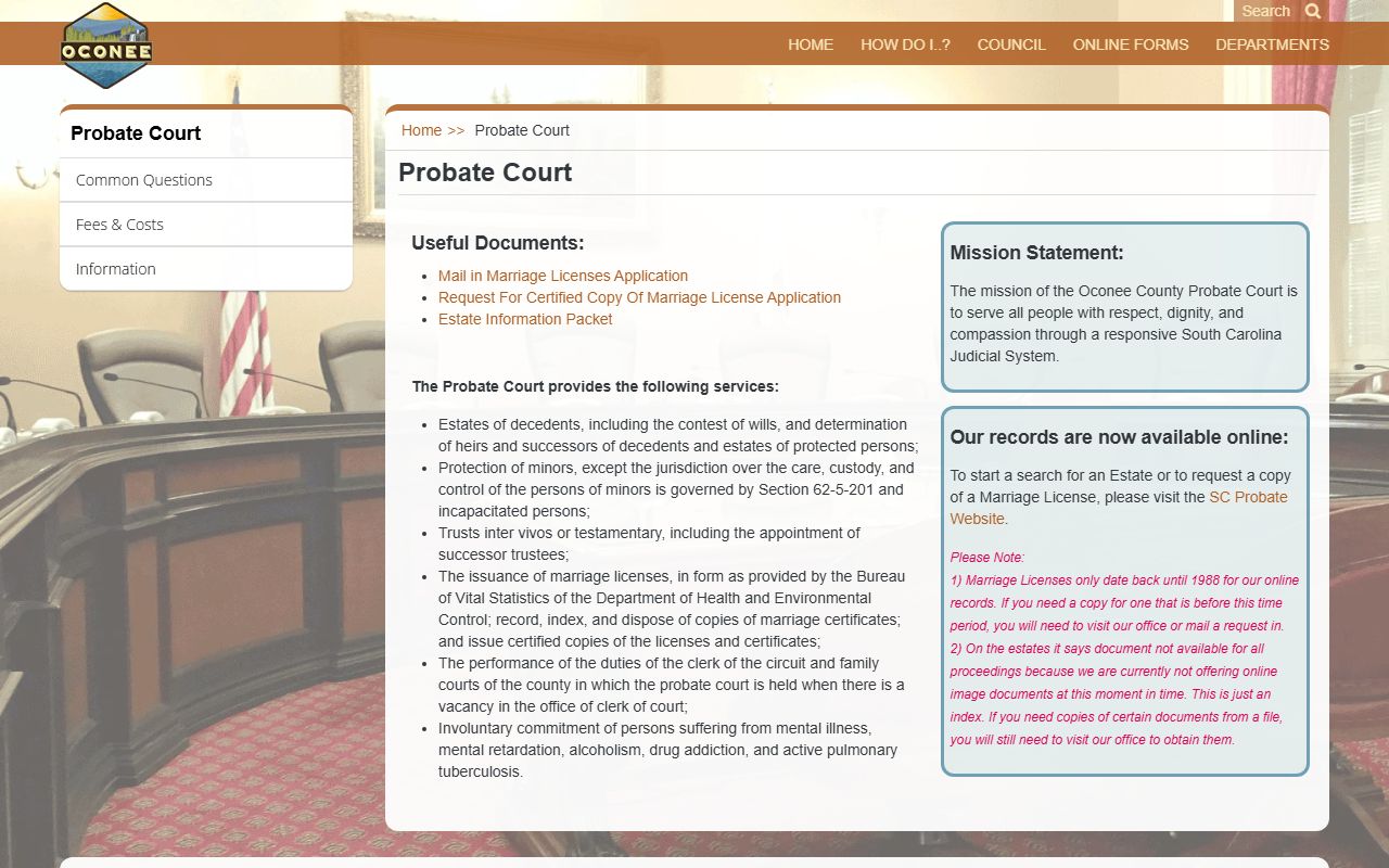 Oconee County Probate Court website showing estate and death records search tools