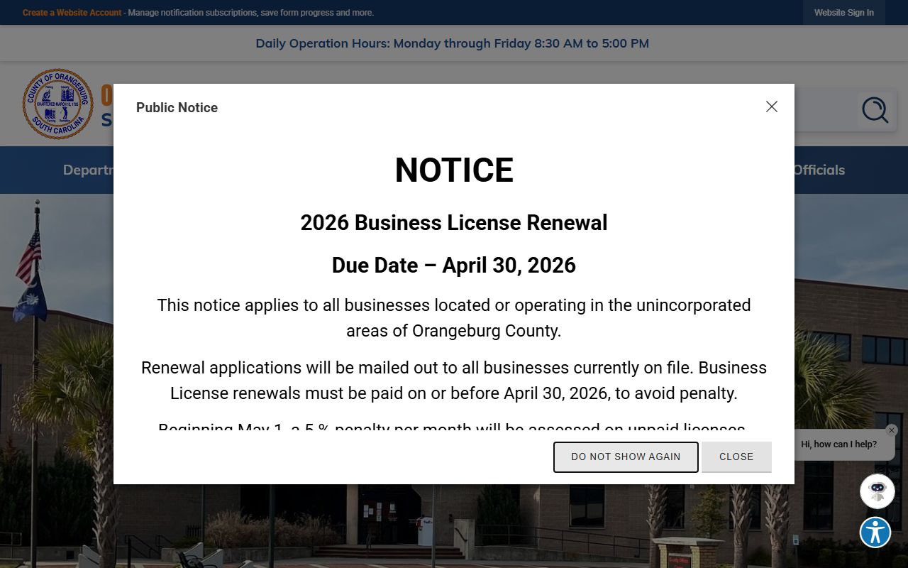 Orangeburg County government website homepage for death records and vital records research