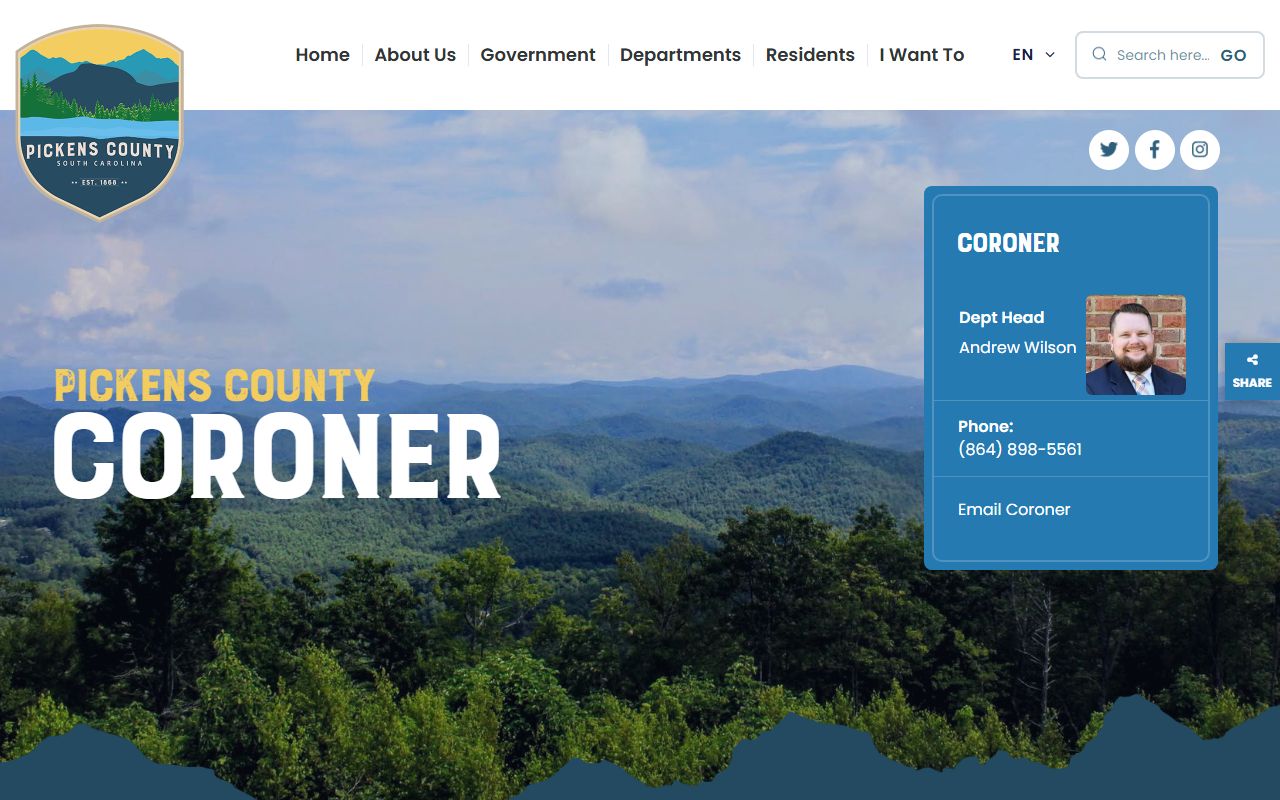 Pickens County Coroner department page showing death investigation resources for Pickens County