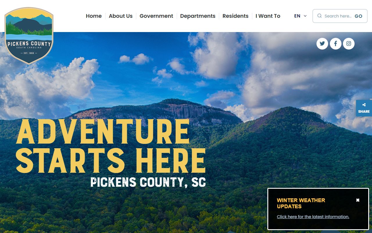 Pickens County government website showing departments and services for death records research