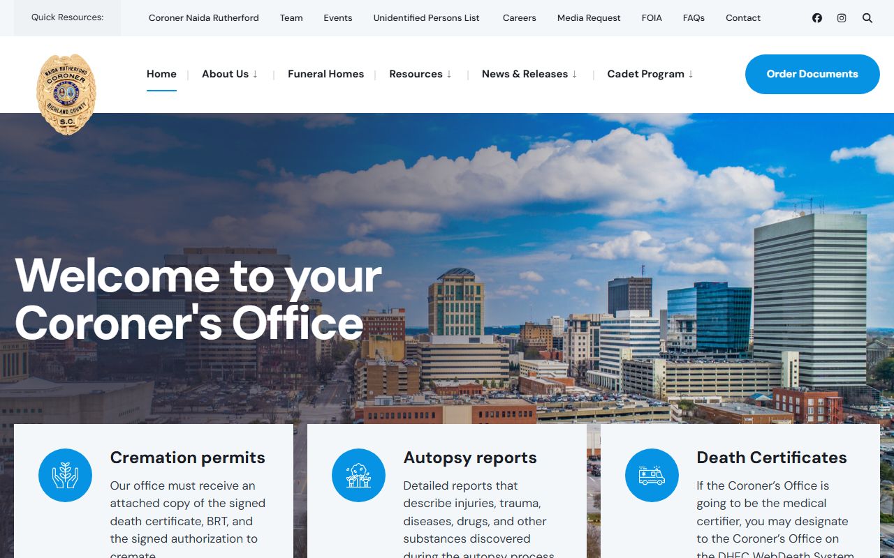 Richland County Coroner website showing online services for death records and autopsy report requests