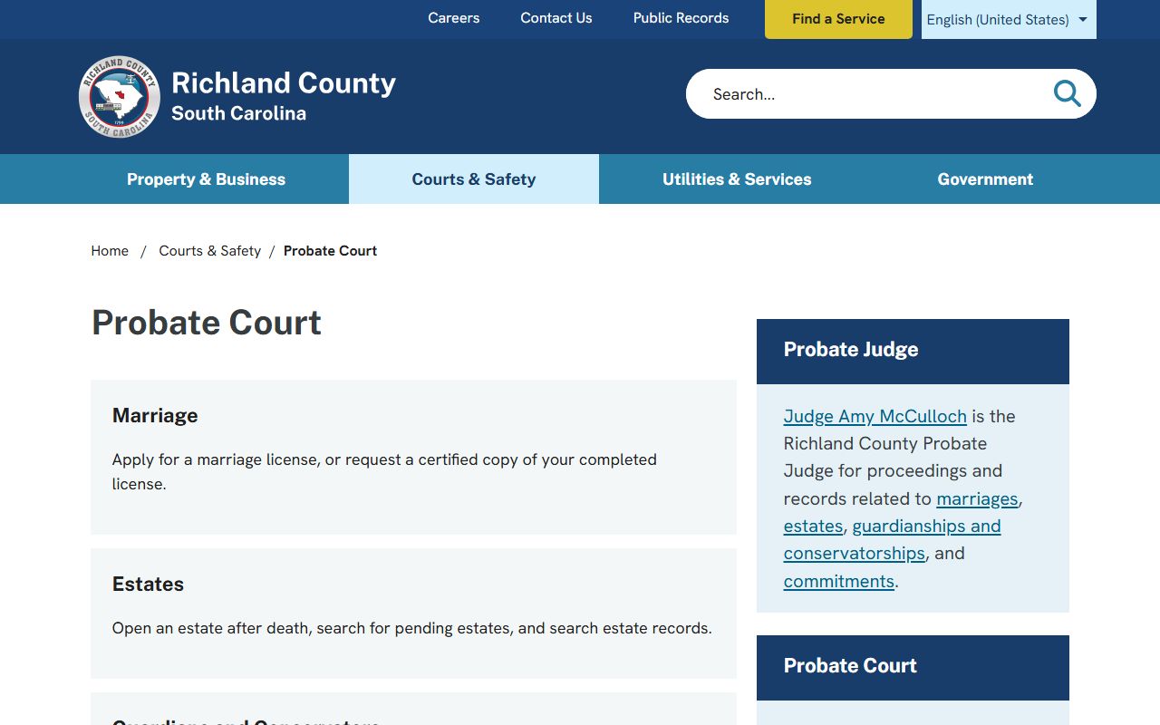 Richland County Probate Court website showing estate filing access for Richland County death records