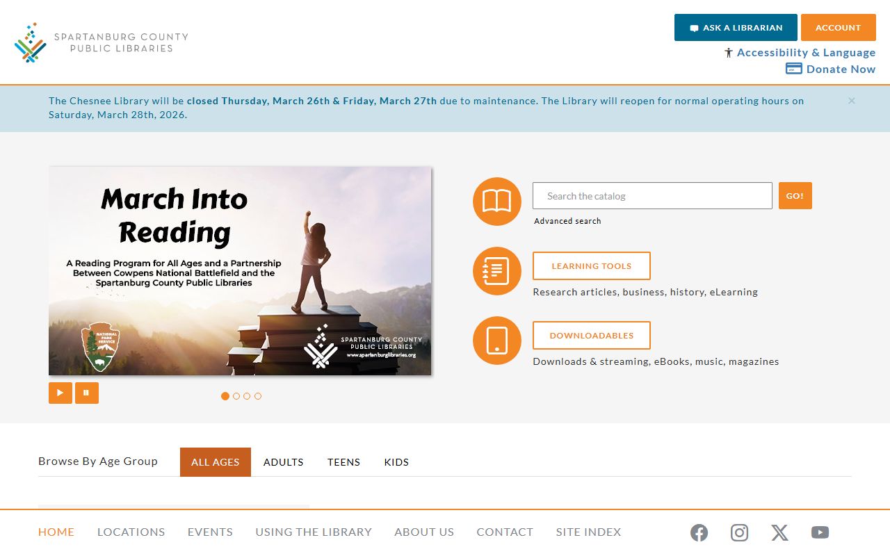 Spartanburg County Public Libraries website showing the Kennedy Room genealogy collection and death records resources