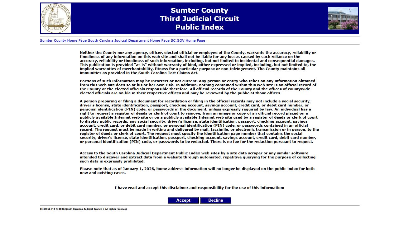 Sumter County Public Index search screen for locating court and probate records related to Sumter County death records