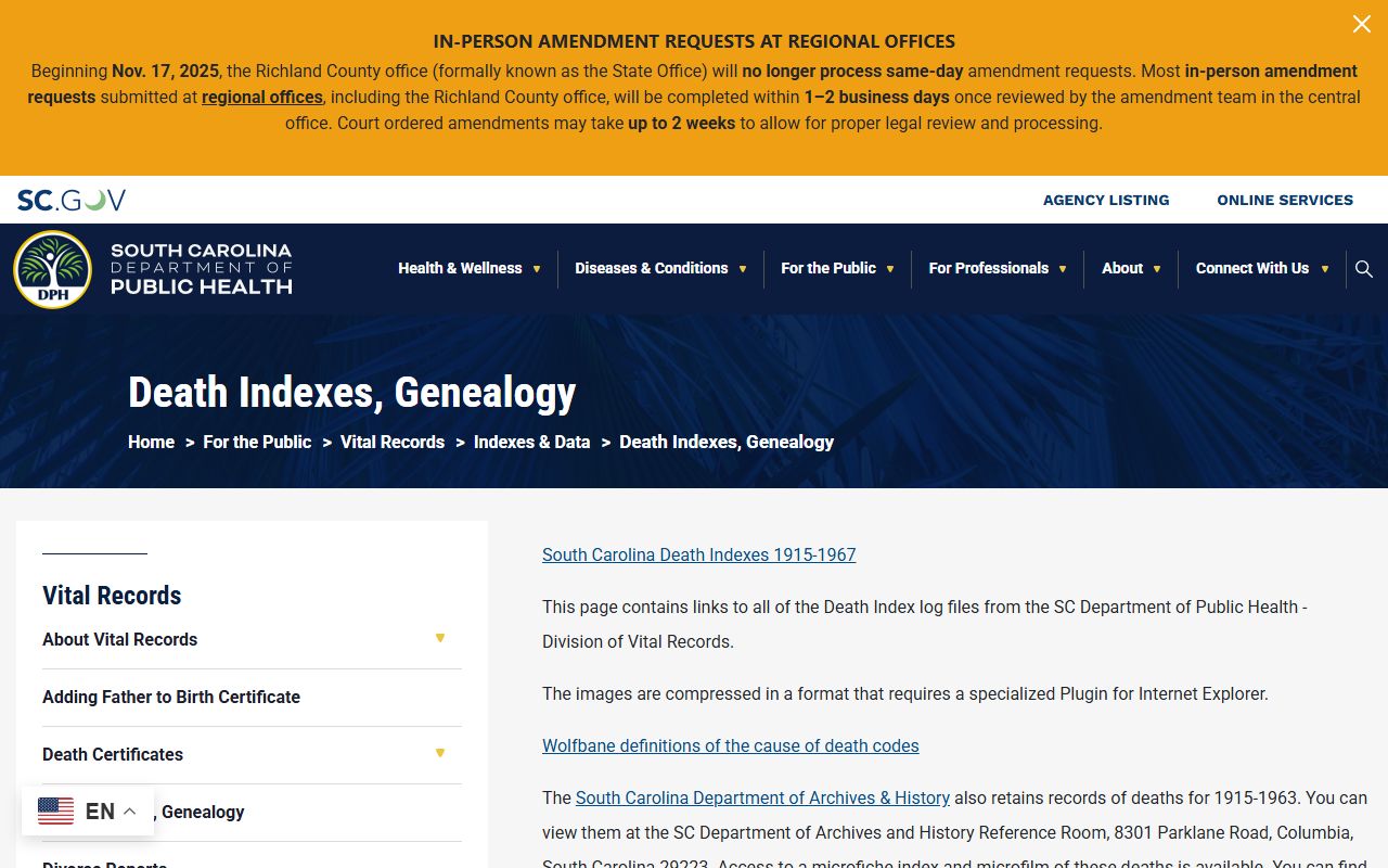South Carolina DPH death indexes and genealogy resources for death records